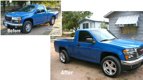 Keith Henson's truck. Before and after pictures of 1.5 inch wheel spacers from WheelAdapter.com.